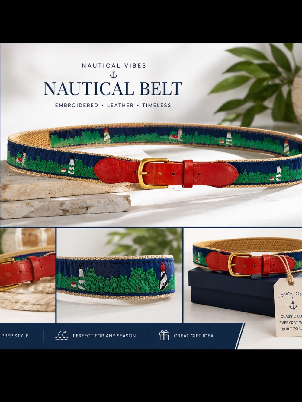Vintage Solid Brass Nautical Lighthouse Embroidered Canvas Belt Size 42 USA